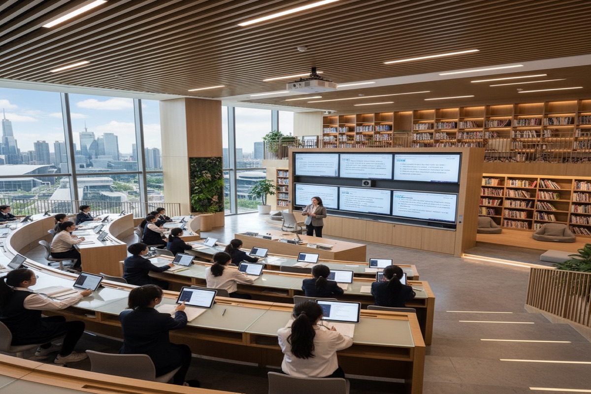 Bright elementary classroom in China international school with engaged students